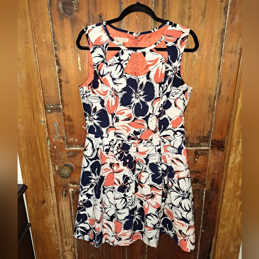Floral Sleeveless Dress in Navy and Coral